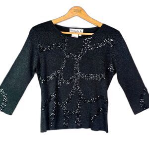 Joseph A L Black Sequin Silk Metallic Sweater Top 3/4 Sleeve
